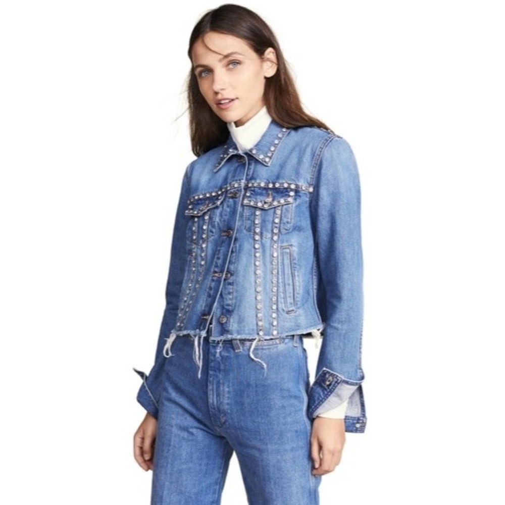 Veronica Beard Cara Studded Jean Jacket Rhinstones Size XSmall
